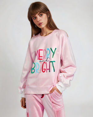 Merry & Bright Christmas Pink Velour Sweatshirt